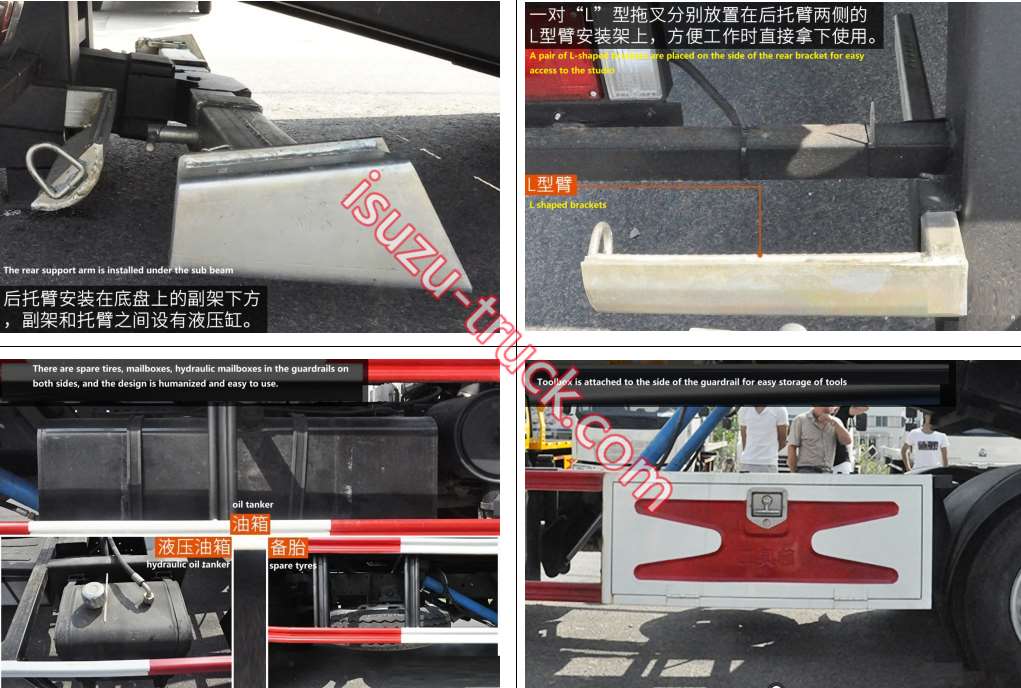 towing truck's L type equipment for holding tyres shows on isuzu-truck.com