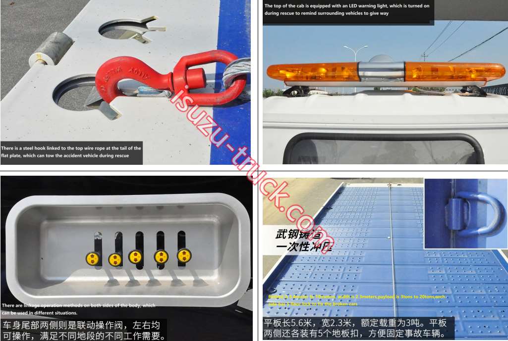 towing truck hooks,warning lights,manual tool box shows on isuzu-truck.com